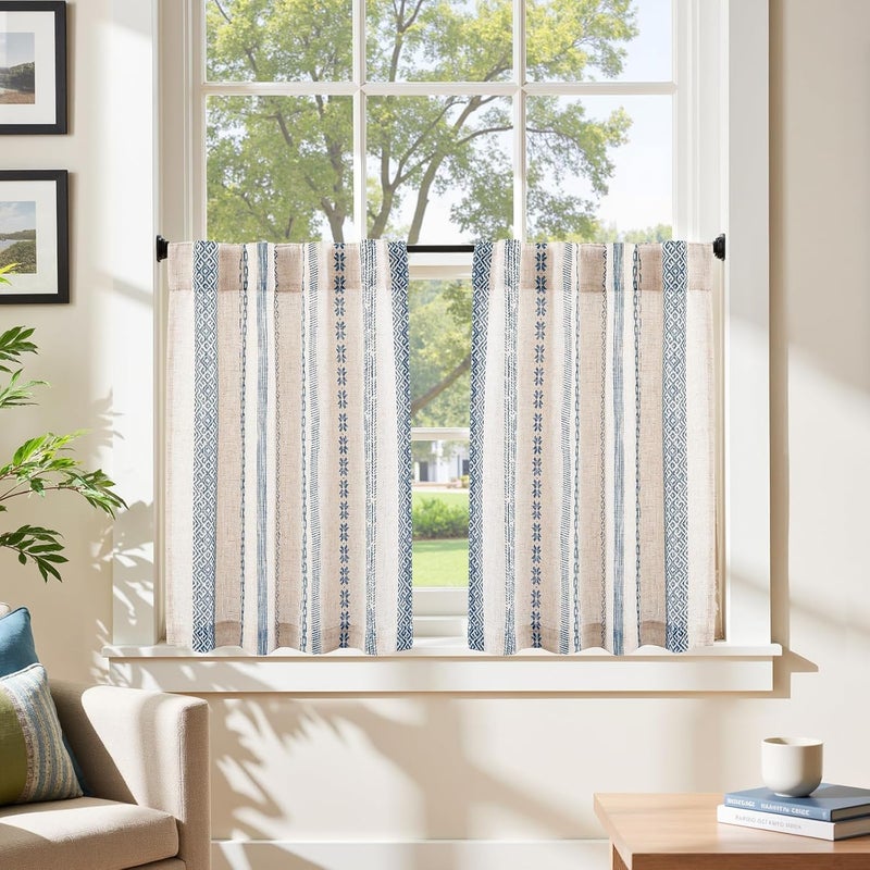 jinchan Boho Kitchen Curtains 24 Inch Linen Tier Curtains with Geometric Pattern Bohemian Cafe Small Light Filtering Window Treatment for Living Room RV Back Tab 2 Panels Blue on Linen - Image 2